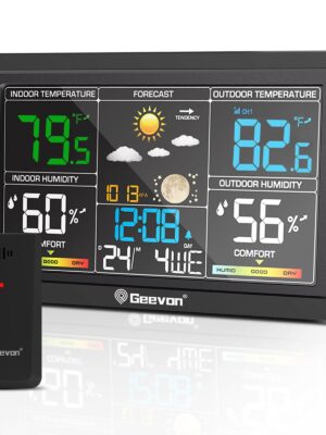 Geevon Weather Station Wireless Indoor Outdoor Thermometer, Large Color Display Temperature Humidity Monitor with Comfort Indicator, USB Charging Port and Adjustable Backlight