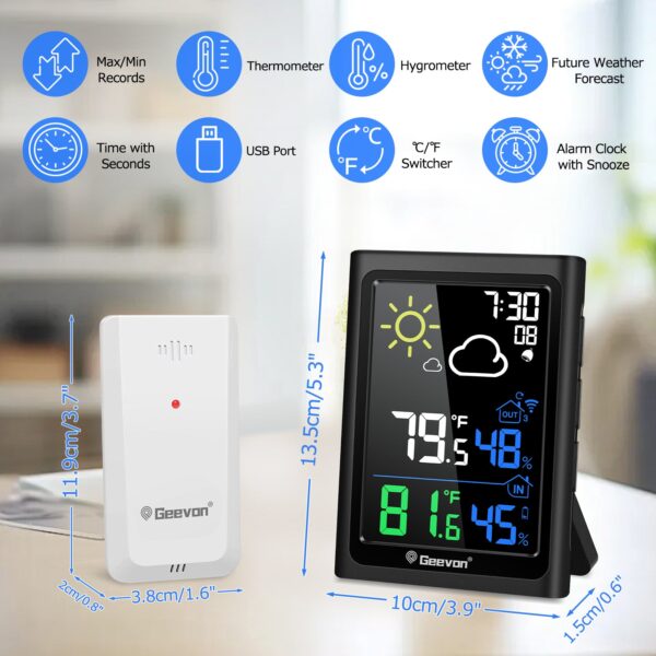 Geevon Indoor Outdoor Thermometer Wireless Weather Station with Color Display, Digital Hygrometer Temperature Humidity Monitor with Alarm Clock and Backlight
