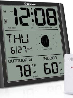 Geevon Digital Atomic Wall Clock,Auto-Set Atomic Alarm Clock with Indoor Outdoor Temperature,Calendar,Moon Phase for Home Office Elderly(1 Wireless Outdoor Sensor)