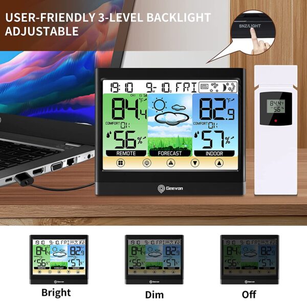 Geevon Weather Station Wireless Indoor Outdoor Thermometer Hygrometer with Heat Index, Dew Point, Touch LCD Display Digital Forecast Station with Alarm Clock and Adjustable Backlight