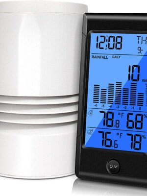 Geevon Wireless Rain Gauge,5 in 1 Self-Emptying Rain Collector Monitoring Rainfall and Indoor/Outdoor Temperature & Humidity with Backlit Weather Station