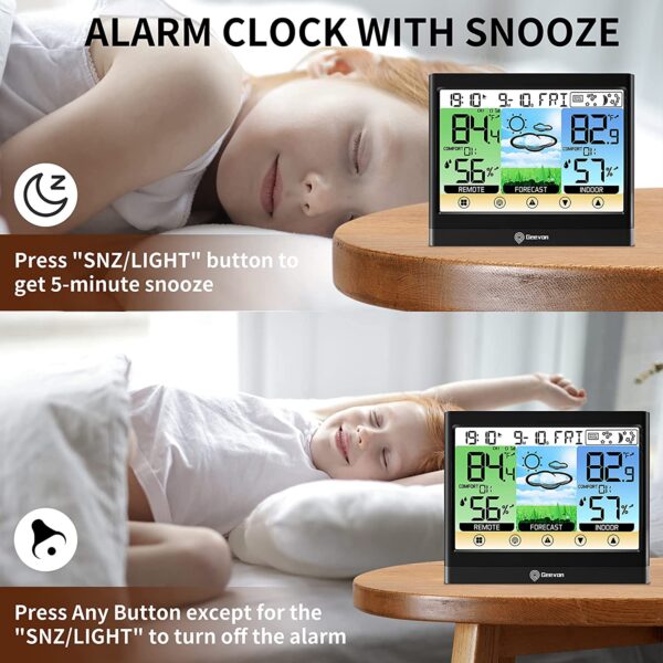 Geevon Weather Station Wireless Indoor Outdoor Thermometer Hygrometer with Heat Index, Dew Point, Touch LCD Display Digital Forecast Station with Alarm Clock and Adjustable Backlight