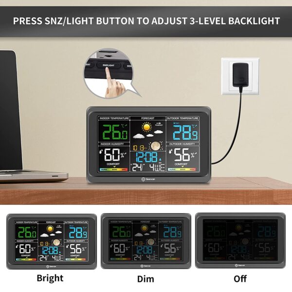 Geevon Weather Station Wireless Indoor Outdoor Thermometer, Large Color Display Temperature Humidity Monitor with Comfort Indicator, USB Charging Port and Adjustable Backlight