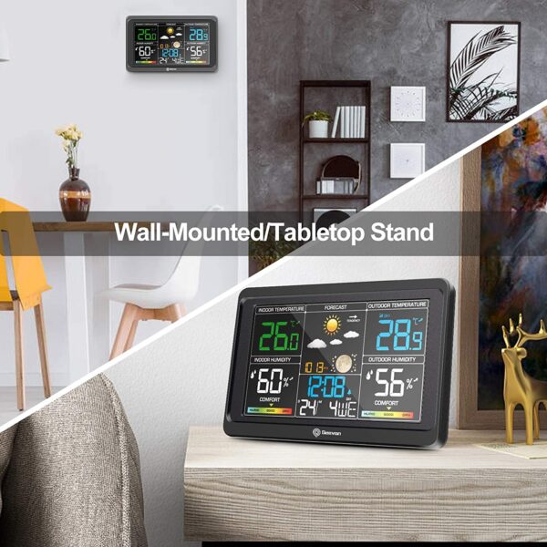 Geevon Weather Station Wireless Indoor Outdoor Thermometer, Large Color Display Temperature Humidity Monitor with Comfort Indicator, USB Charging Port and Adjustable Backlight