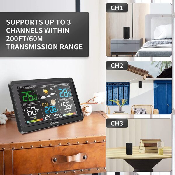 Geevon Weather Station Wireless Indoor Outdoor Thermometer, Large Color Display Temperature Humidity Monitor with Comfort Indicator, USB Charging Port and Adjustable Backlight